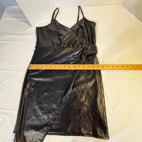 Zaful Black Faux Leather Asymmetrical Mini Dress w/Adjustable Straps Size 8 - Picture 9 of 11
